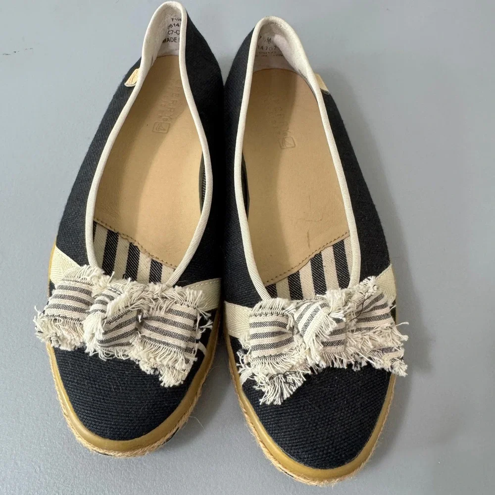Sperry Top-Sider Black Espadrille Flats Women's 7.5M Striped Bow Detail